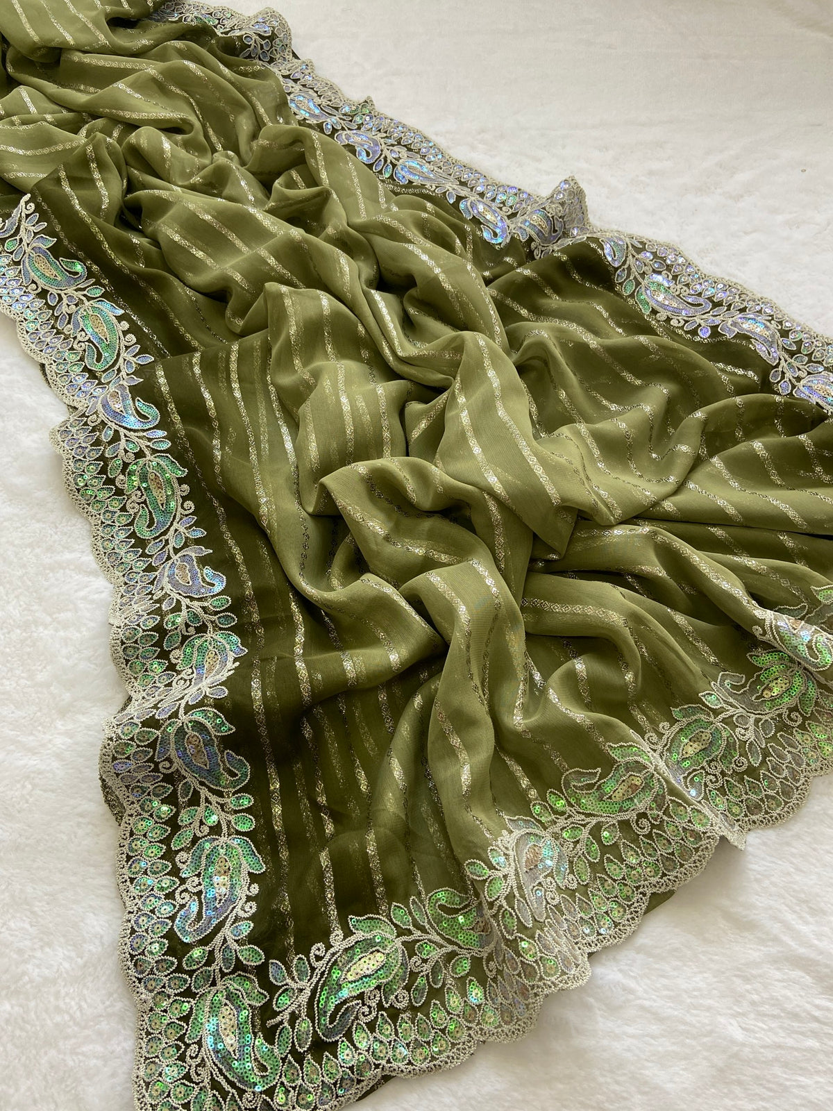 Olive Green Embroidered Sequin Saree with Cutwork Border, view 5