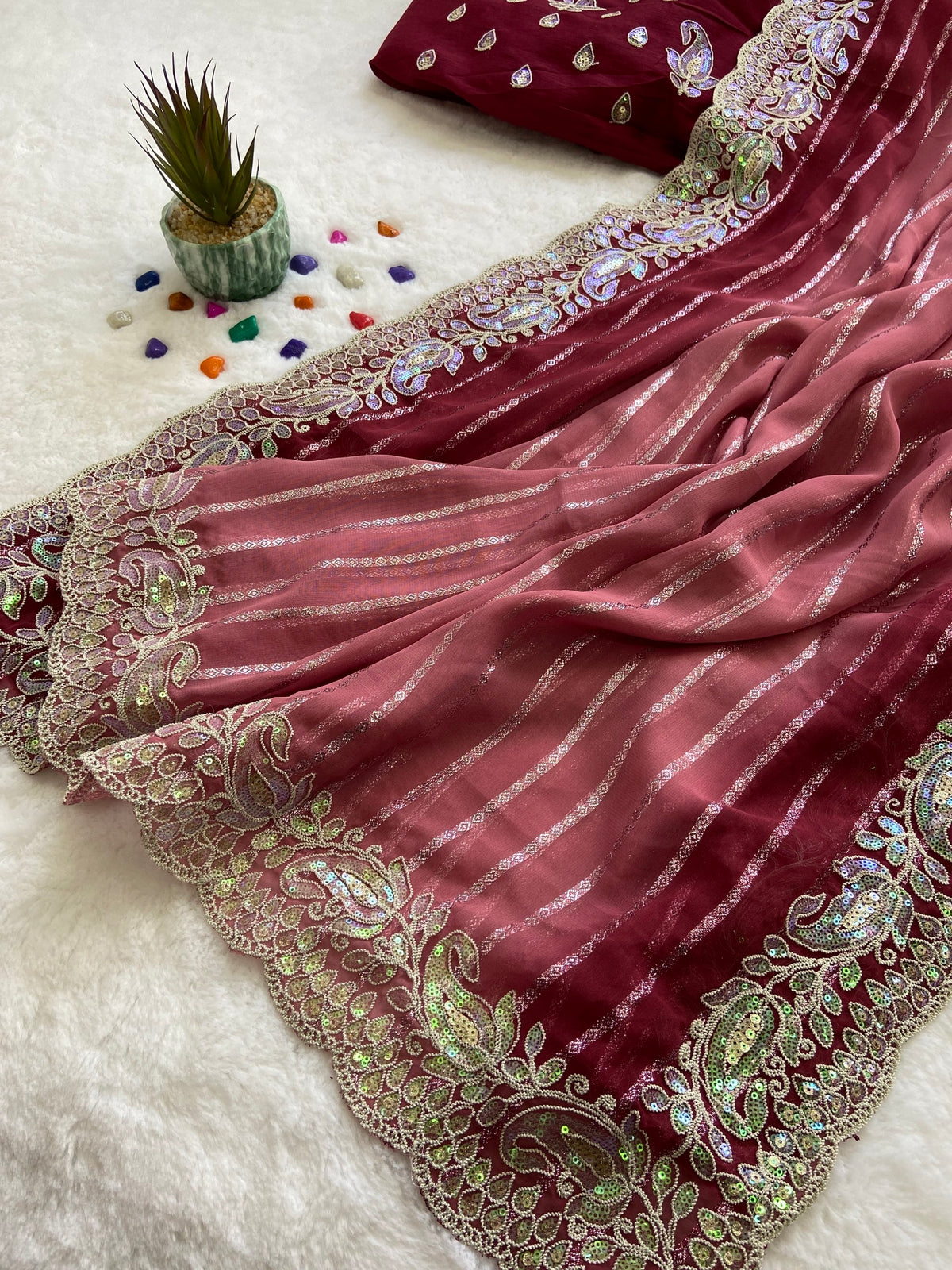 Rose Pink Embroidered Sequin Saree with Cutwork Border, view 4