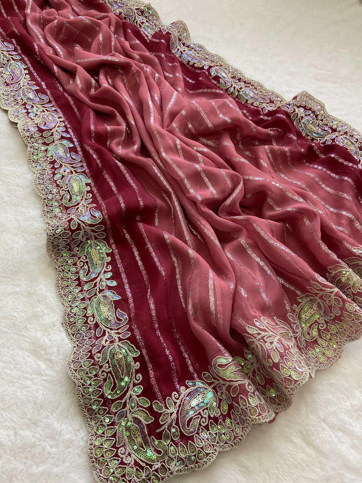Rose Pink Embroidered Sequin Saree with Cutwork Border, view 5