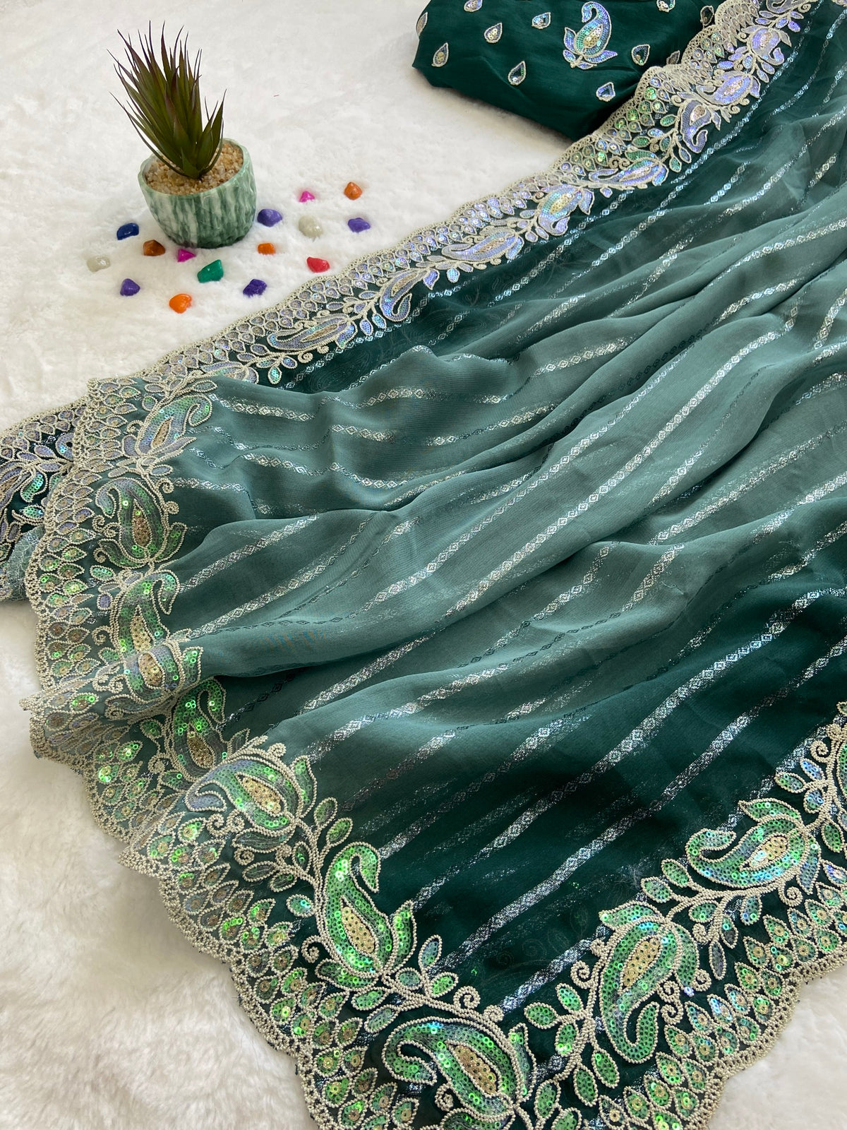 Teal Green Embroidered Sequin Saree with Cutwork Border, view 4