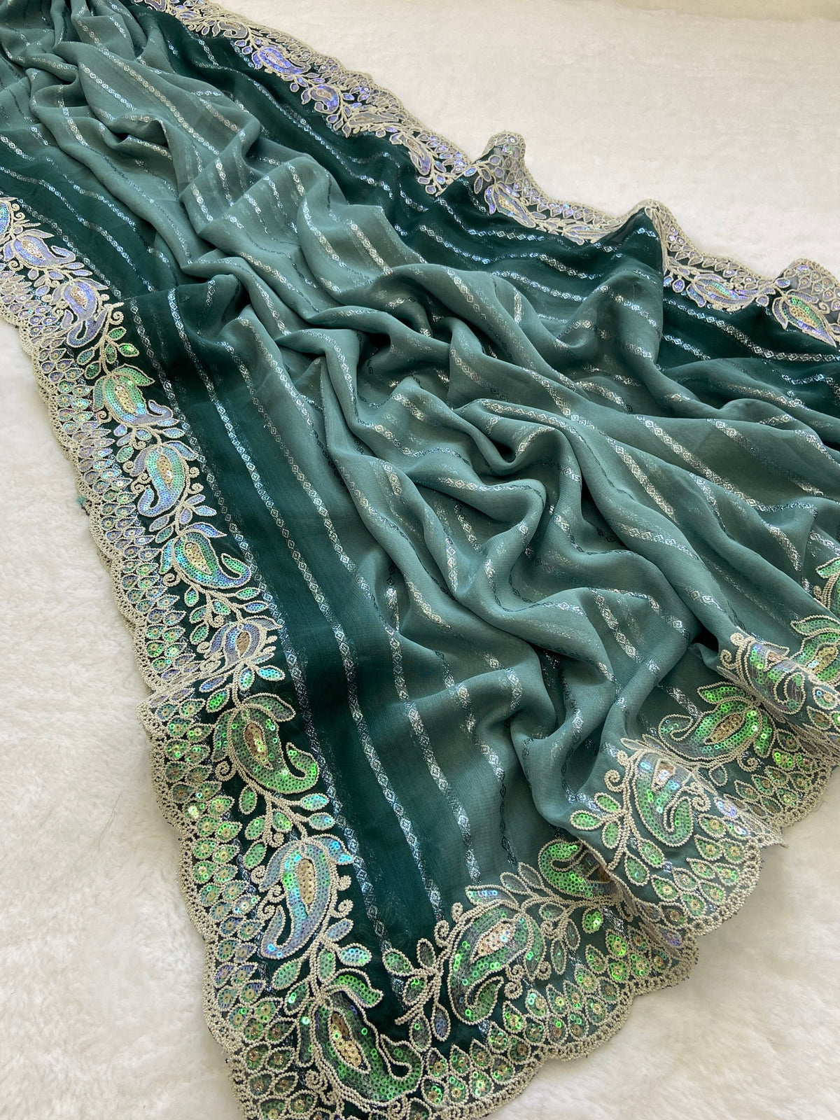 Teal Green Embroidered Sequin Saree with Cutwork Border, view 5