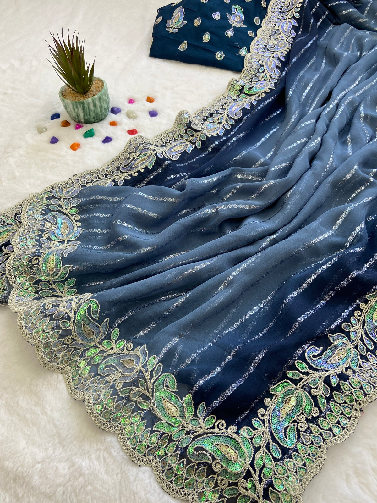 Blue Embroidered Sequin Saree with Cutwork Border, view 4