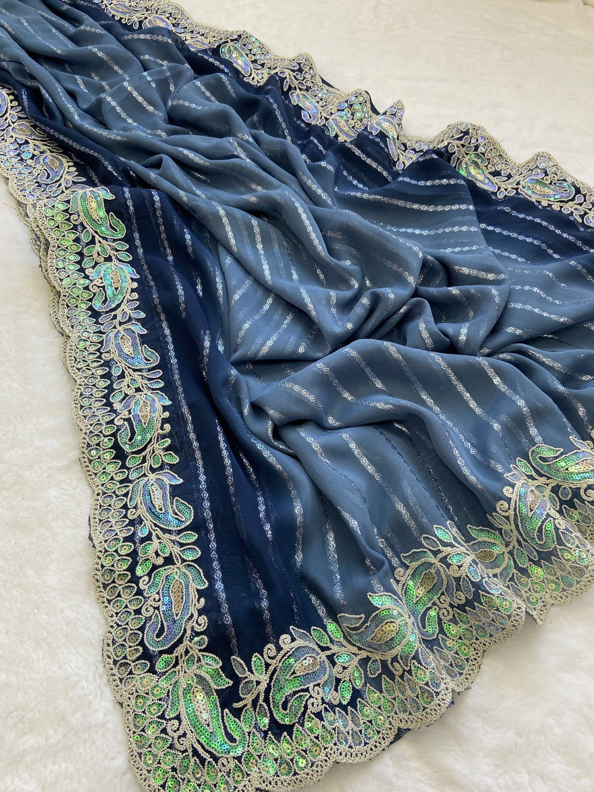 Blue Embroidered Sequin Saree with Cutwork Border, view 5