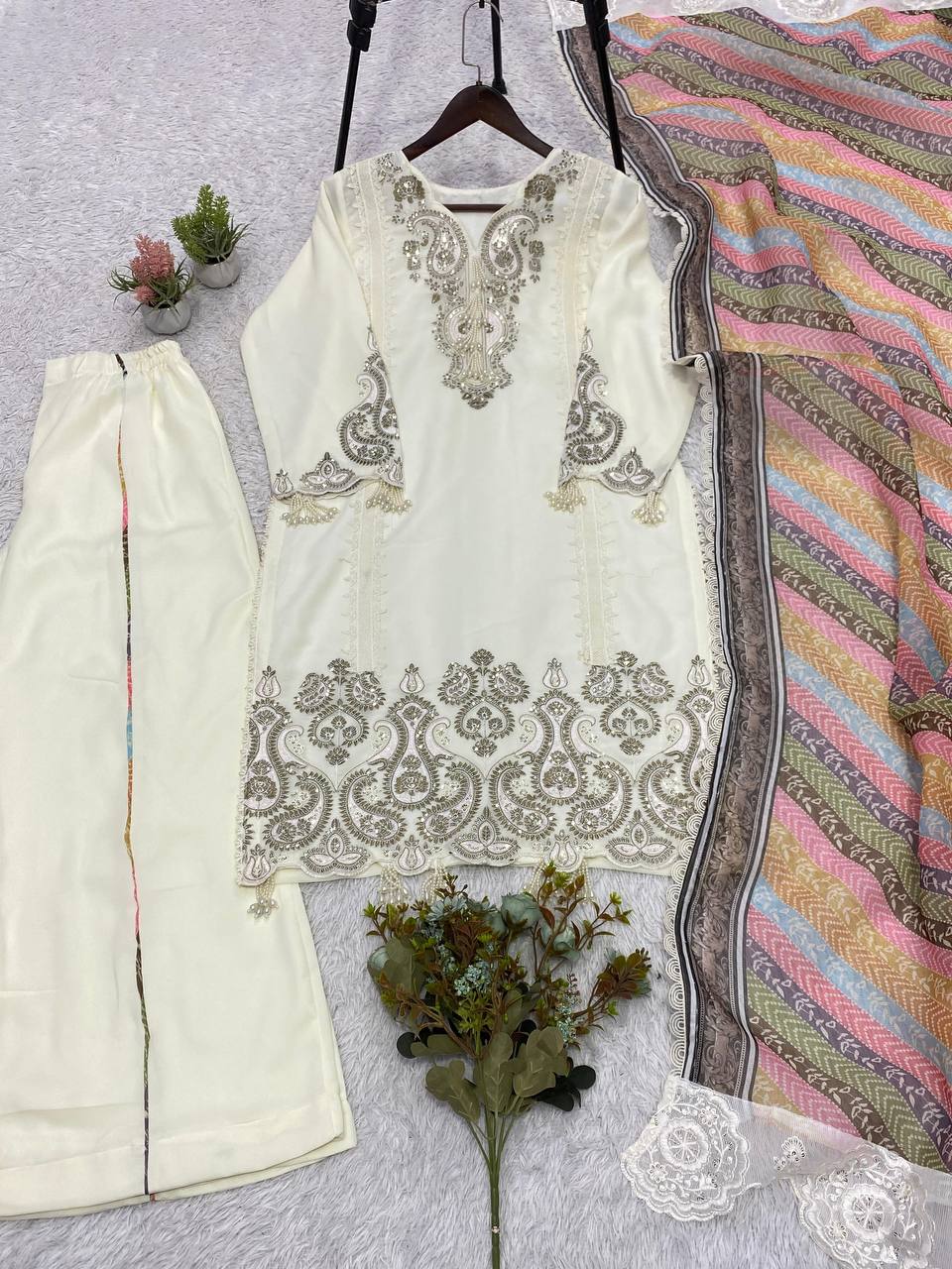 Off-White Star Georgette Sequin Kurta Palazzo Set, view 5