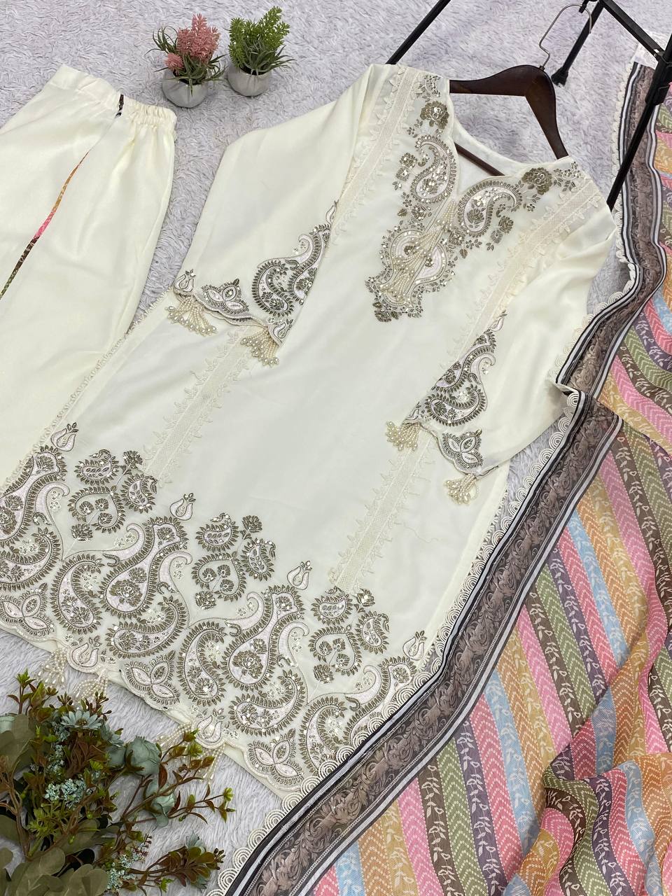 Off-White Star Georgette Sequin Kurta Palazzo Set, view 6