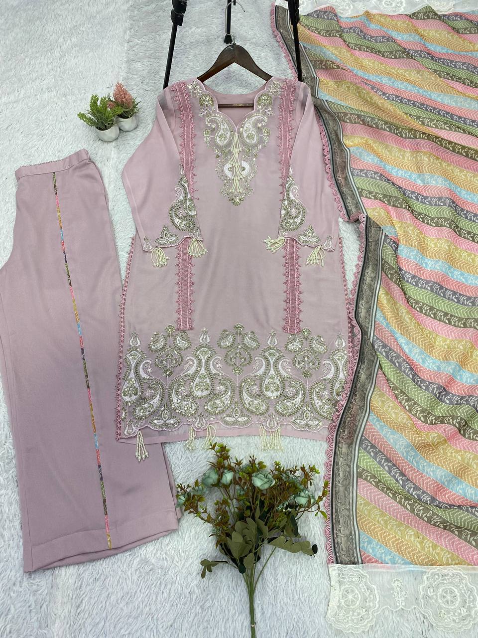 Mauve Star Georgette Sequin Kurta Palazzo Set, view 4