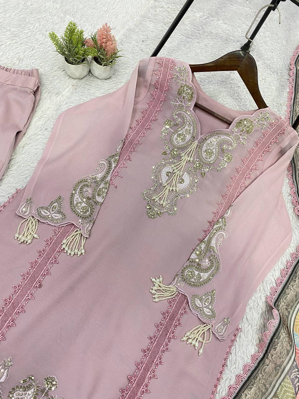 Mauve Star Georgette Sequin Kurta Palazzo Set, view 6