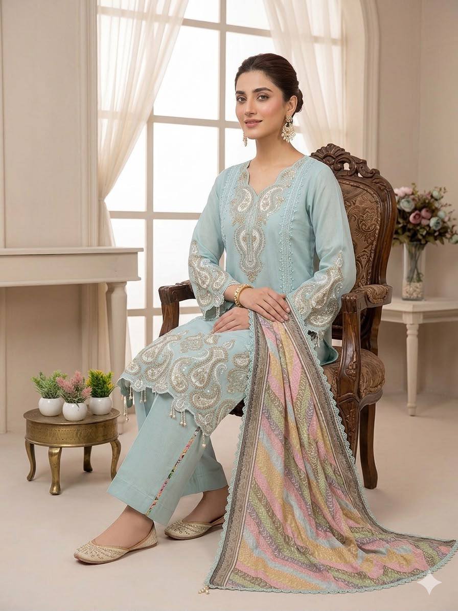 Sky Blue Star Georgette Sequin Kurta Palazzo Set, view 2