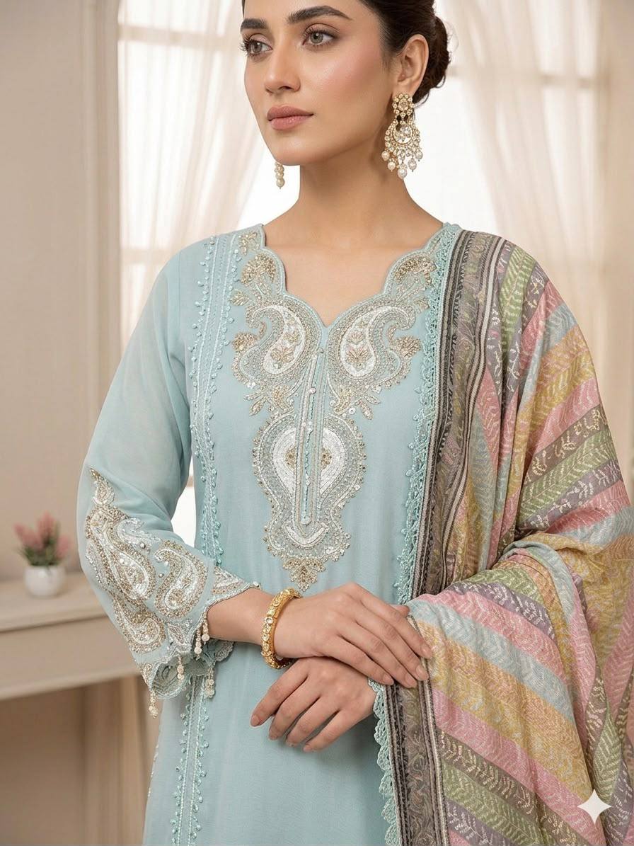 Sky Blue Star Georgette Sequin Kurta Palazzo Set, view 3