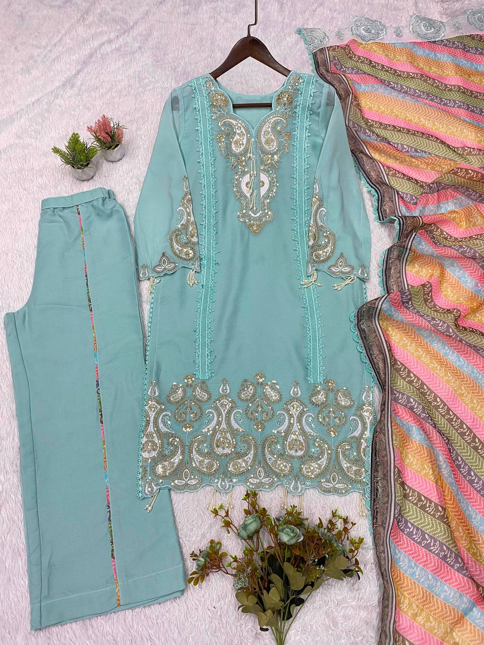Sky Blue Star Georgette Sequin Kurta Palazzo Set, view 4