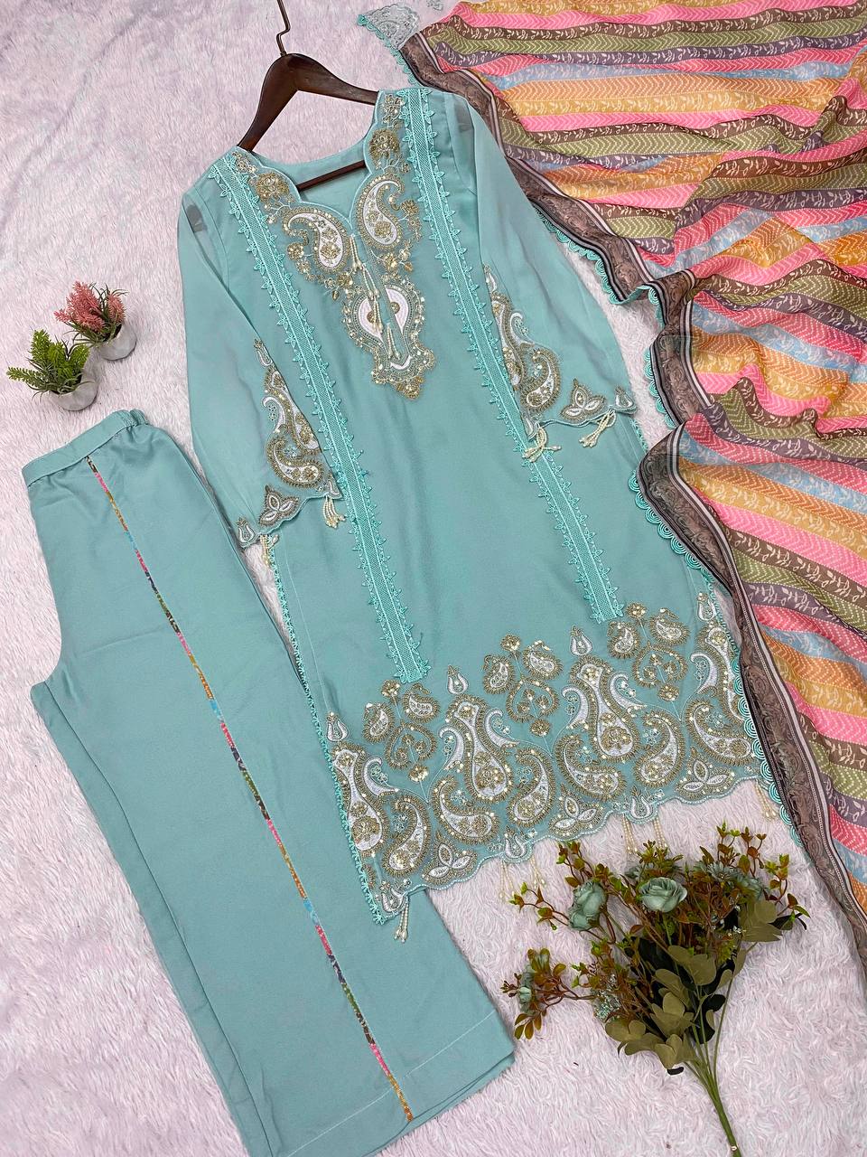 Sky Blue Star Georgette Sequin Kurta Palazzo Set, view 5