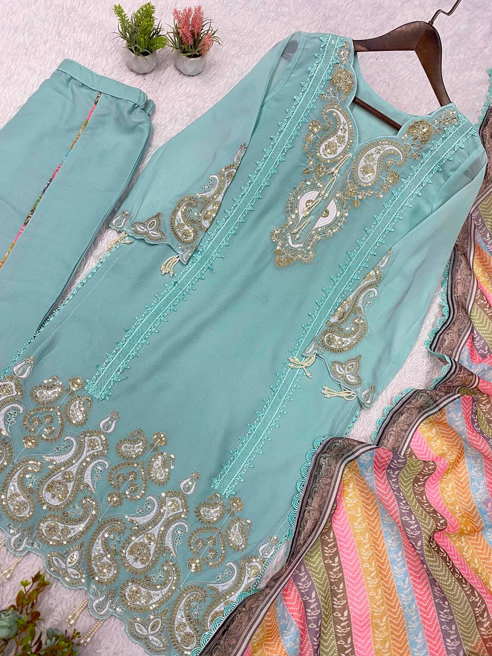 Sky Blue Star Georgette Sequin Kurta Palazzo Set, view 6