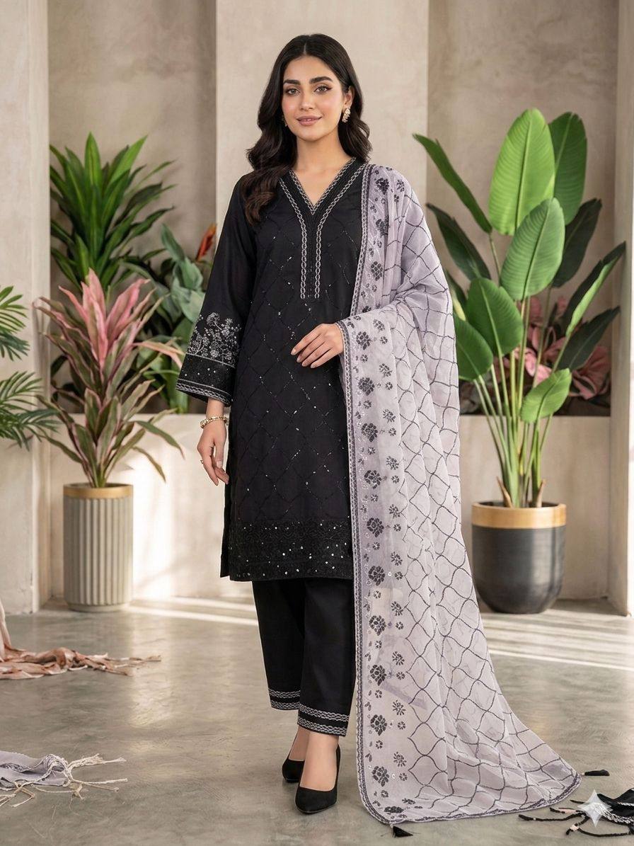 Black and Lavender Roman Silk Sequin Kurta Palazzo Set
