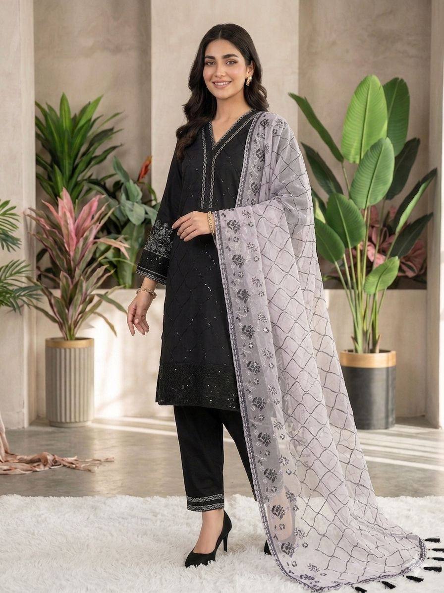 Black and Lavender Roman Silk Sequin Kurta Palazzo Set, view 2