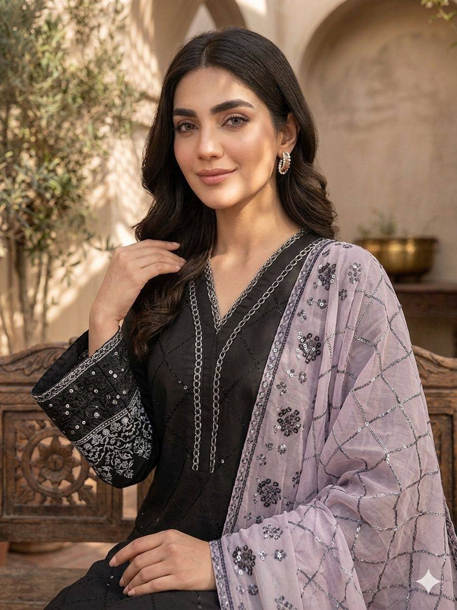 Black and Lavender Roman Silk Sequin Kurta Palazzo Set, view 3