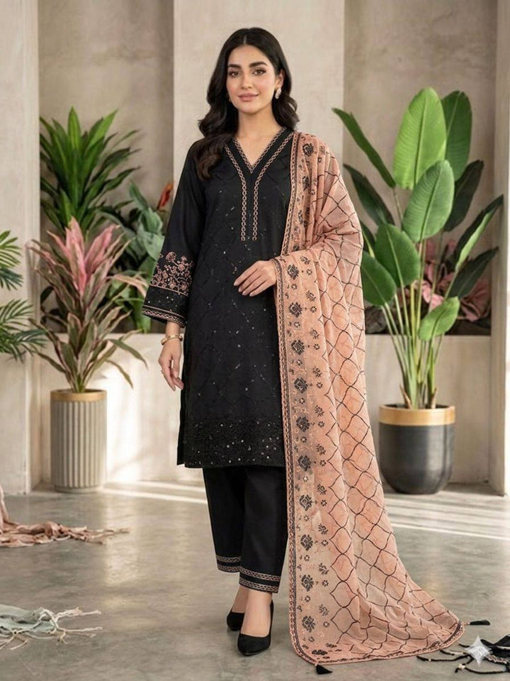 Black and Peach Roman Silk Sequin Kurta Palazzo Set