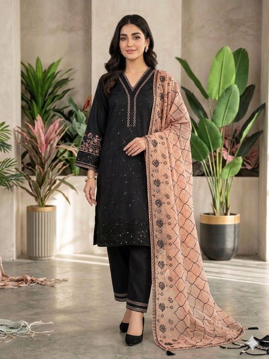 Black and Peach Roman Silk Sequin Kurta Palazzo Set