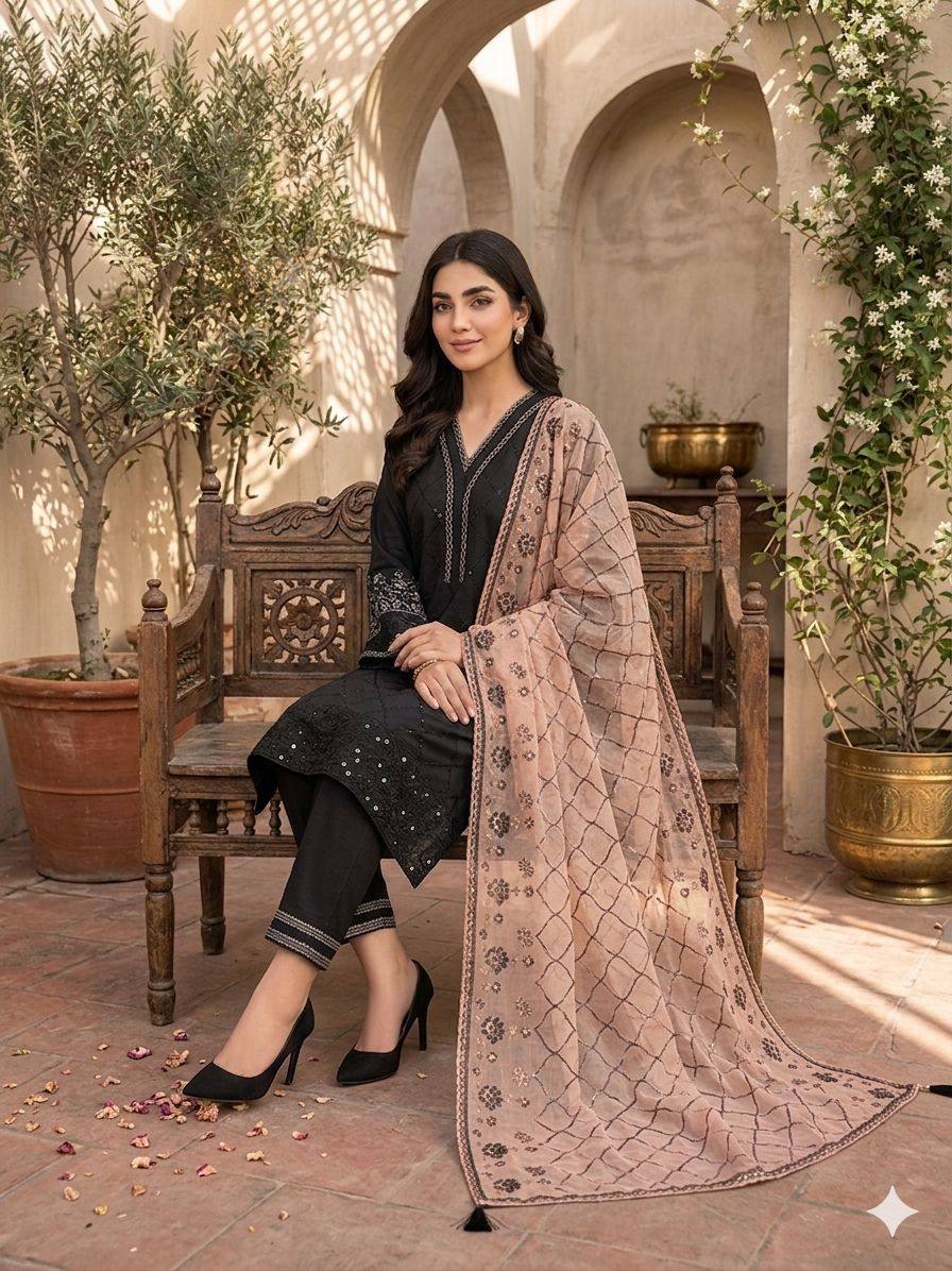 Black and Peach Roman Silk Sequin Kurta Palazzo Set, view 2