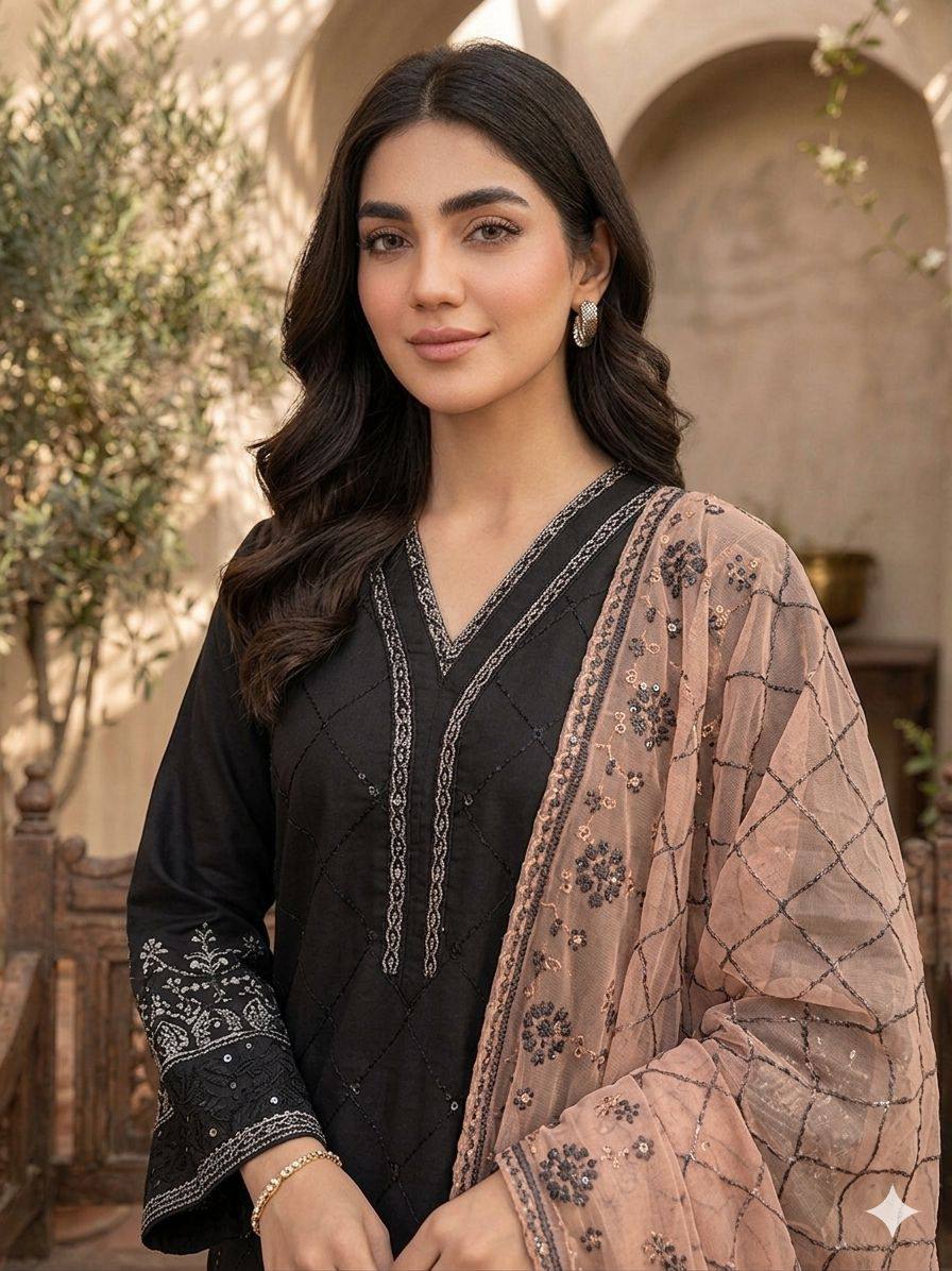 Black and Peach Roman Silk Sequin Kurta Palazzo Set, view 3