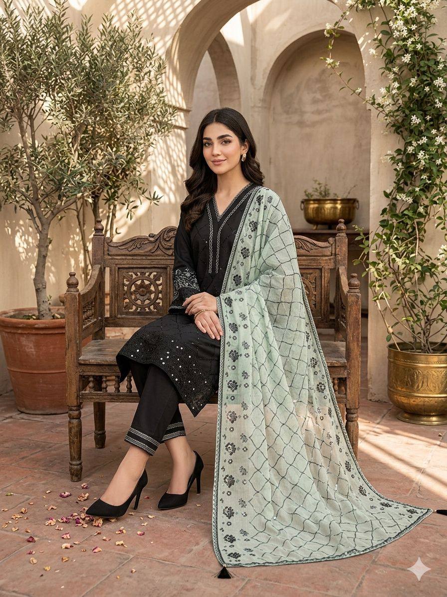 Black and Mint Roman Silk Sequin Kurta Palazzo Set, view 2