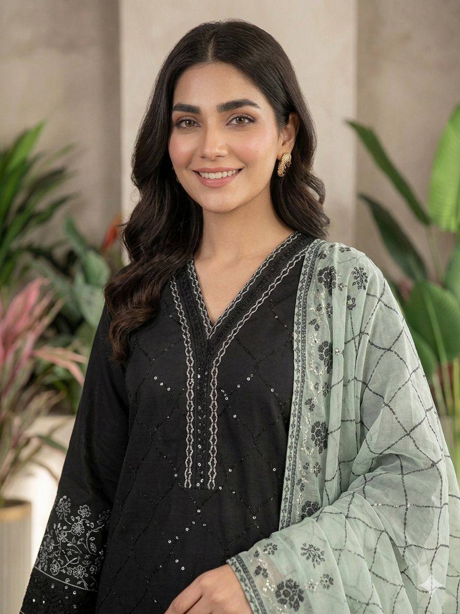 Black and Mint Roman Silk Sequin Kurta Palazzo Set, view 3