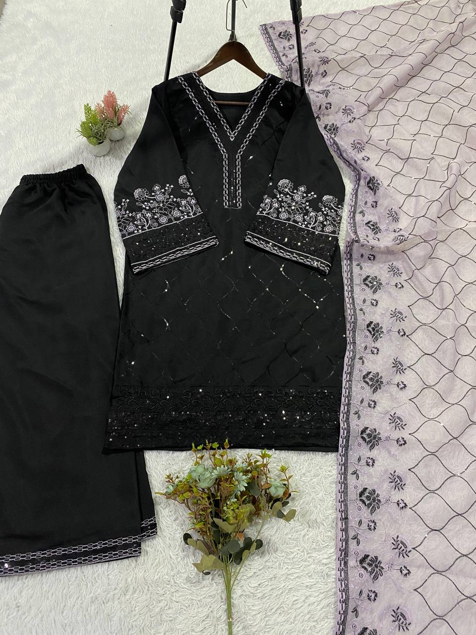 Black and Lavender Roman Silk Sequin Kurta Palazzo Set, view 4