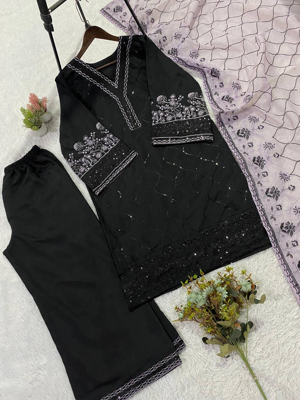 Black and Lavender Roman Silk Sequin Kurta Palazzo Set, view 6