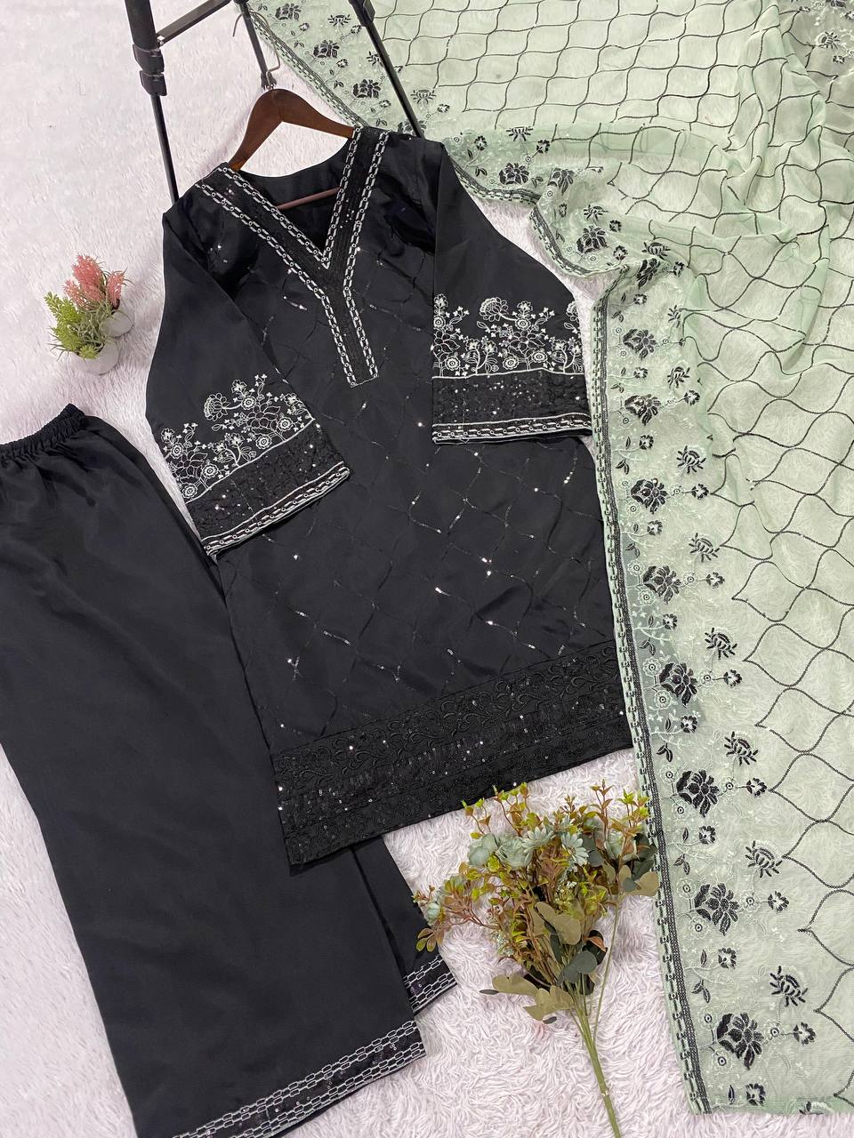 Black and Mint Roman Silk Sequin Kurta Palazzo Set, view 6