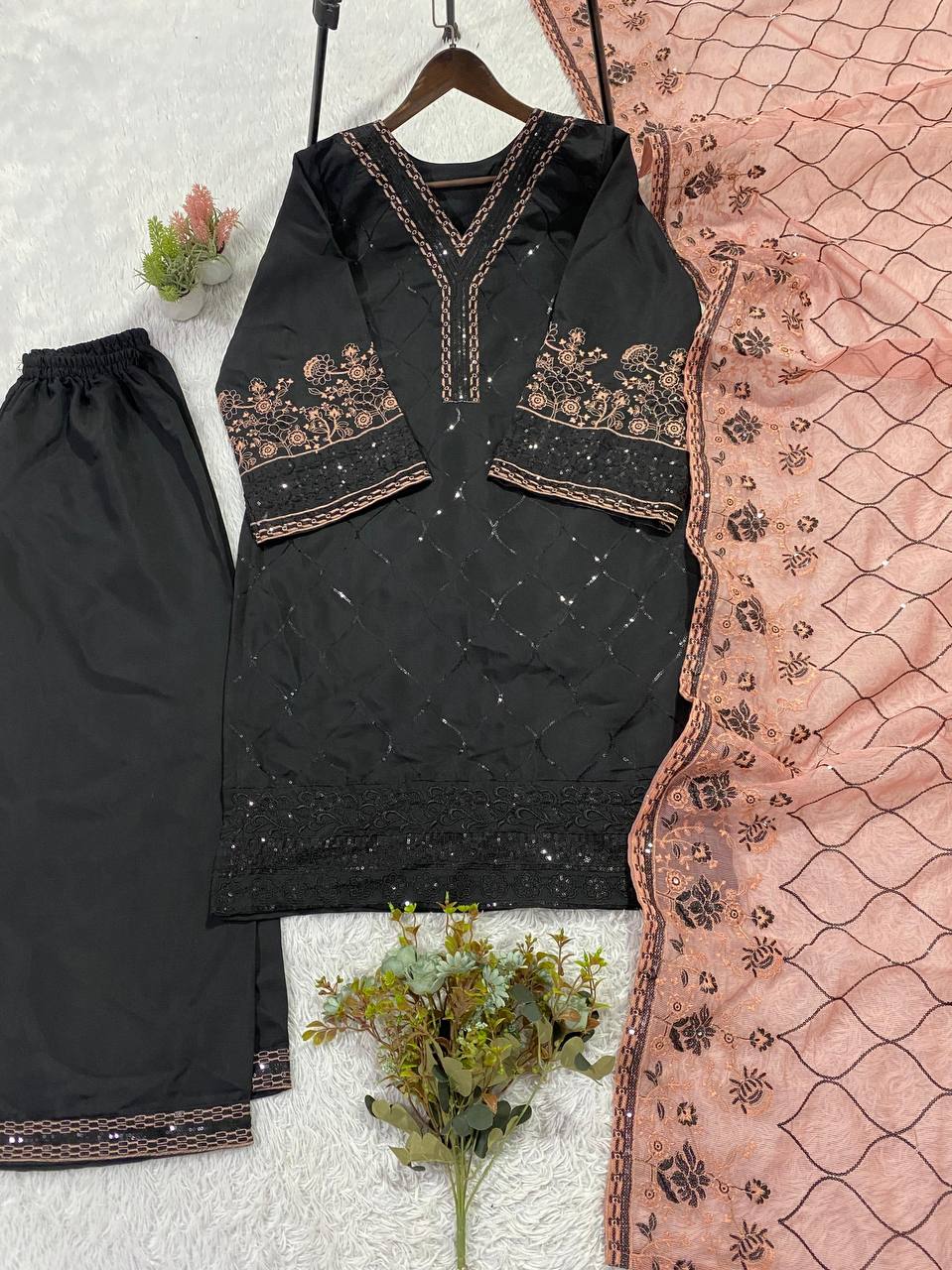 Black and Peach Roman Silk Sequin Kurta Palazzo Set, view 4