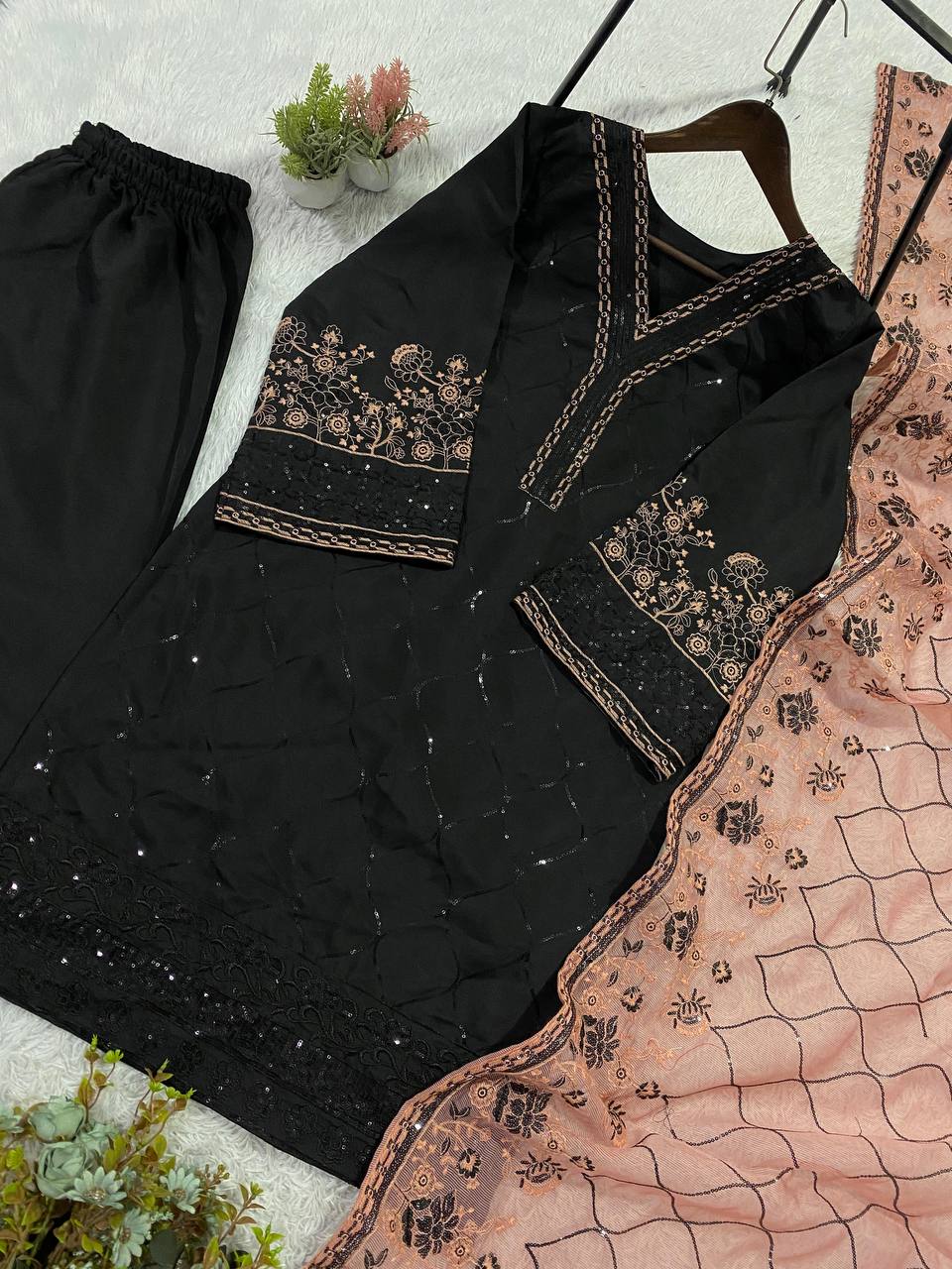 Black and Peach Roman Silk Sequin Kurta Palazzo Set, view 5