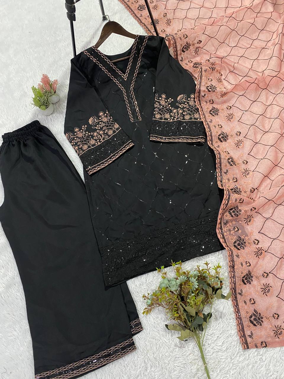 Black and Peach Roman Silk Sequin Kurta Palazzo Set, view 6
