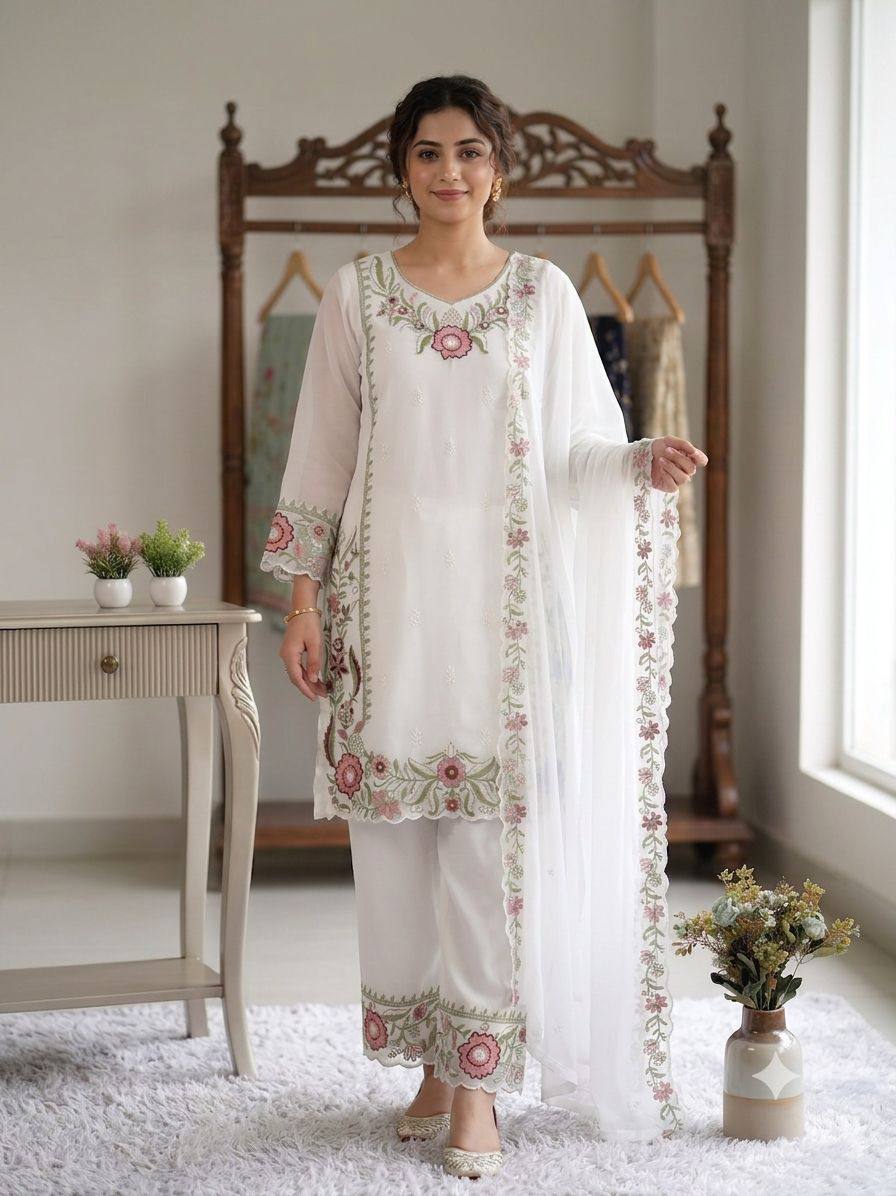White Faux Georgette Embroidered Kurta Palazzo Set
