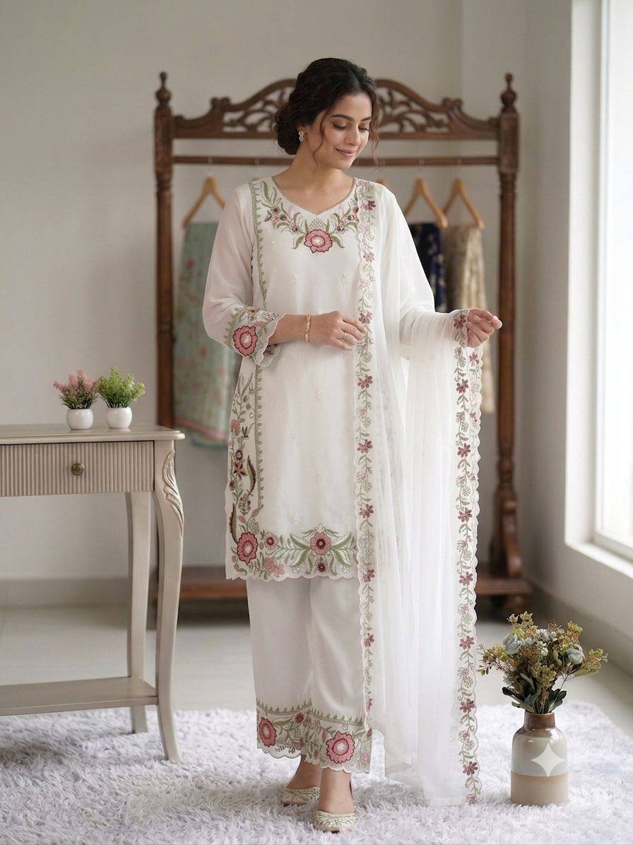 White Faux Georgette Embroidered Kurta Palazzo Set, view 2