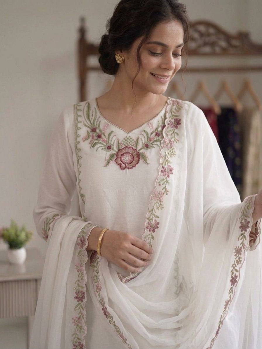 White Faux Georgette Embroidered Kurta Palazzo Set, view 3