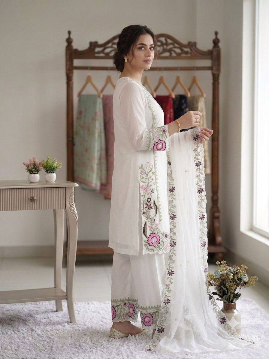 White Faux Georgette Embroidered Kurta Palazzo Set, view 4