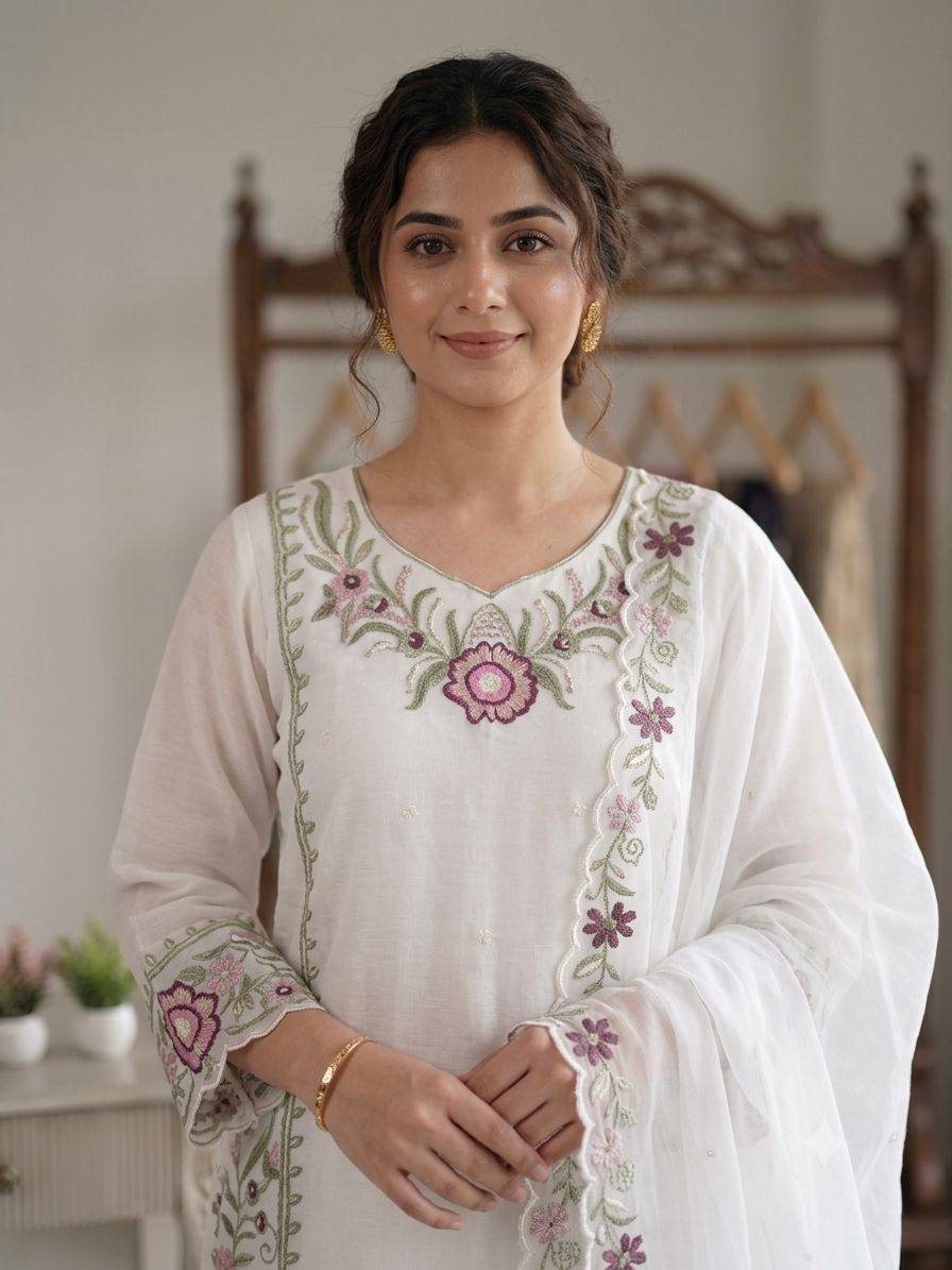 White Faux Georgette Embroidered Kurta Palazzo Set, view 5