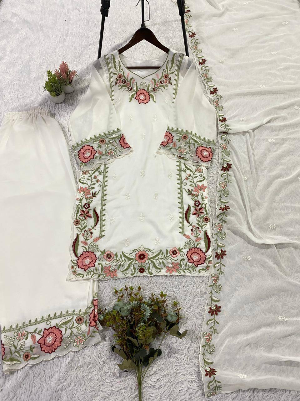 White Faux Georgette Embroidered Kurta Palazzo Set, view 6