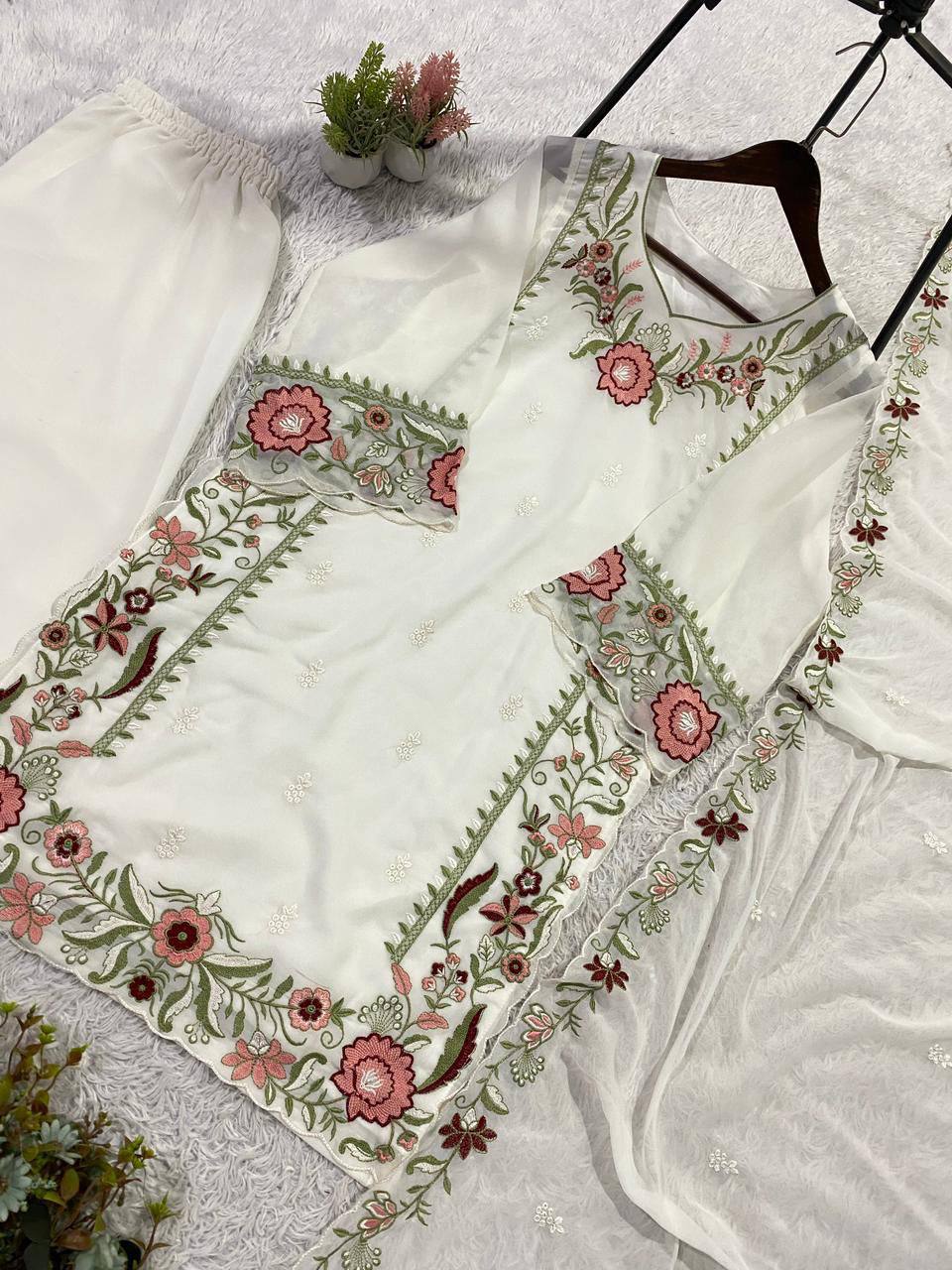 White Faux Georgette Embroidered Kurta Palazzo Set, view 7