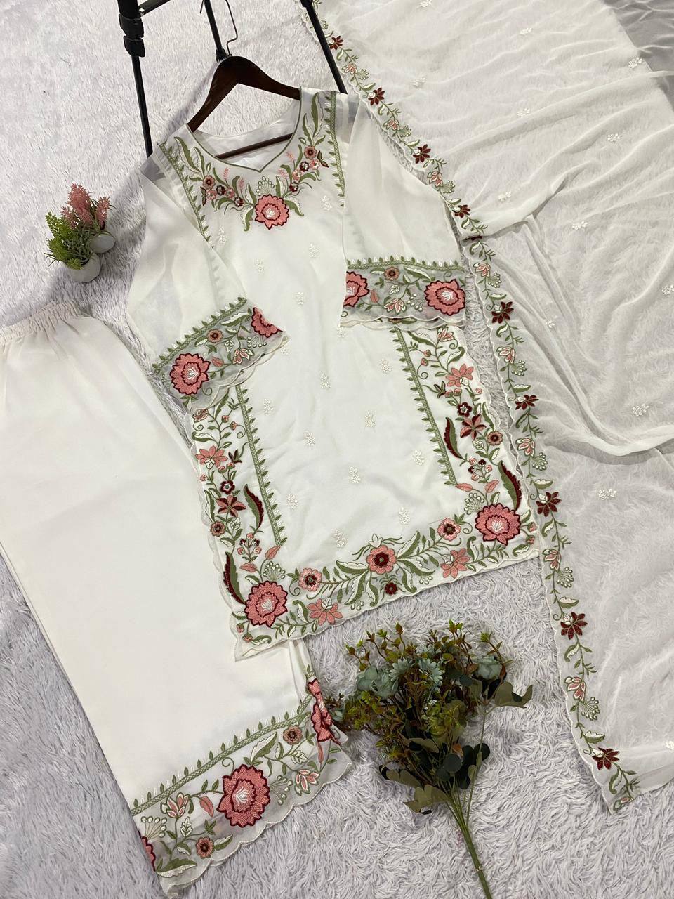 White Faux Georgette Embroidered Kurta Palazzo Set, view 8