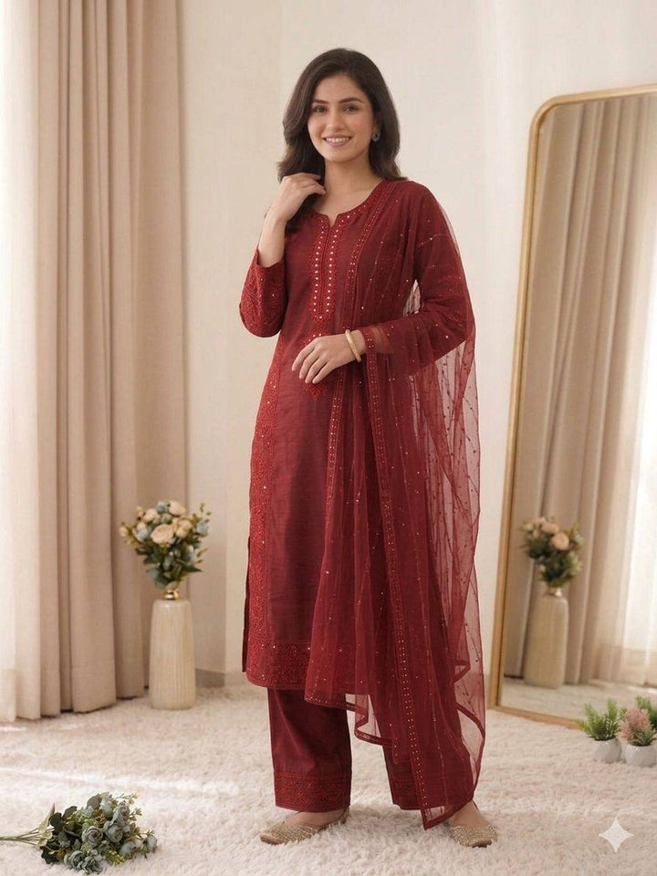 Maroon Mul Chanderi Mirror Work Kurta Palazzo Set