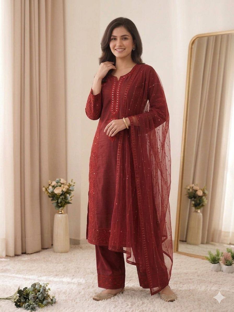 Maroon Mul Chanderi Mirror Work Kurta Palazzo Set