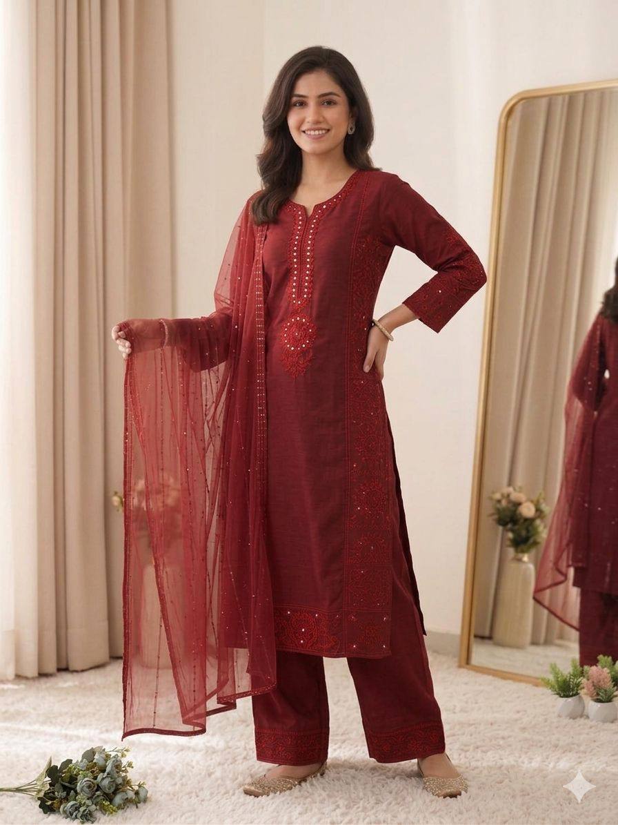 Maroon Mul Chanderi Mirror Work Kurta Palazzo Set, view 2