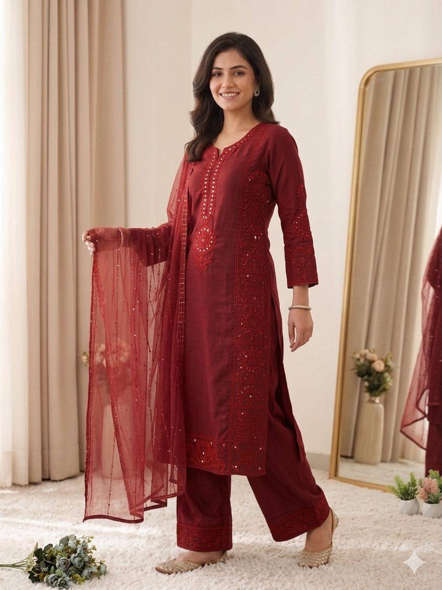 Maroon Mul Chanderi Mirror Work Kurta Palazzo Set, view 3