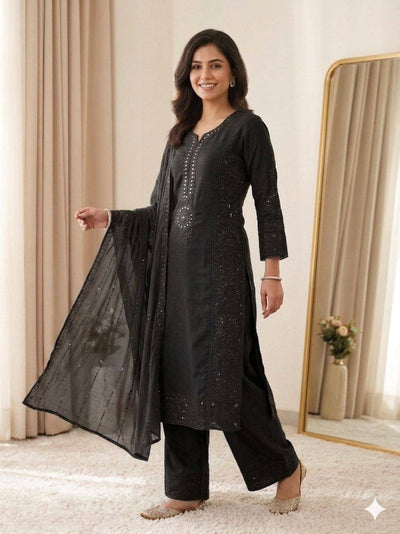 Black Mul Chanderi Mirror Work Kurta Palazzo Set