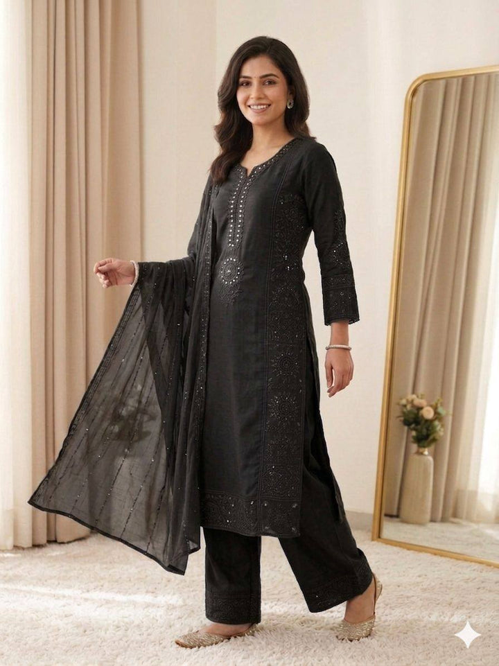 Black Mul Chanderi Mirror Work Kurta Palazzo Set