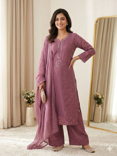 Mauve Mul Chanderi Mirror Work Kurta Palazzo Set