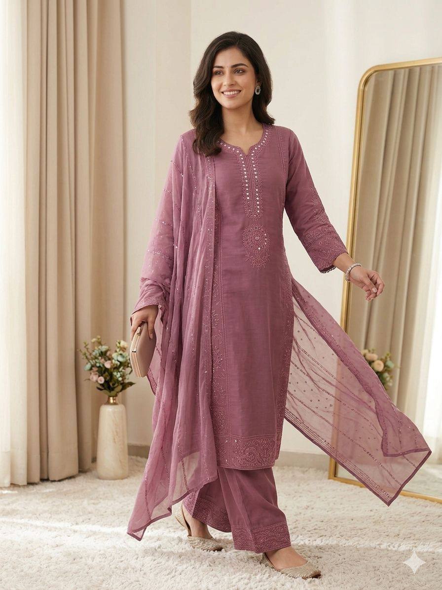 Mauve Mul Chanderi Mirror Work Kurta Palazzo Set, view 2