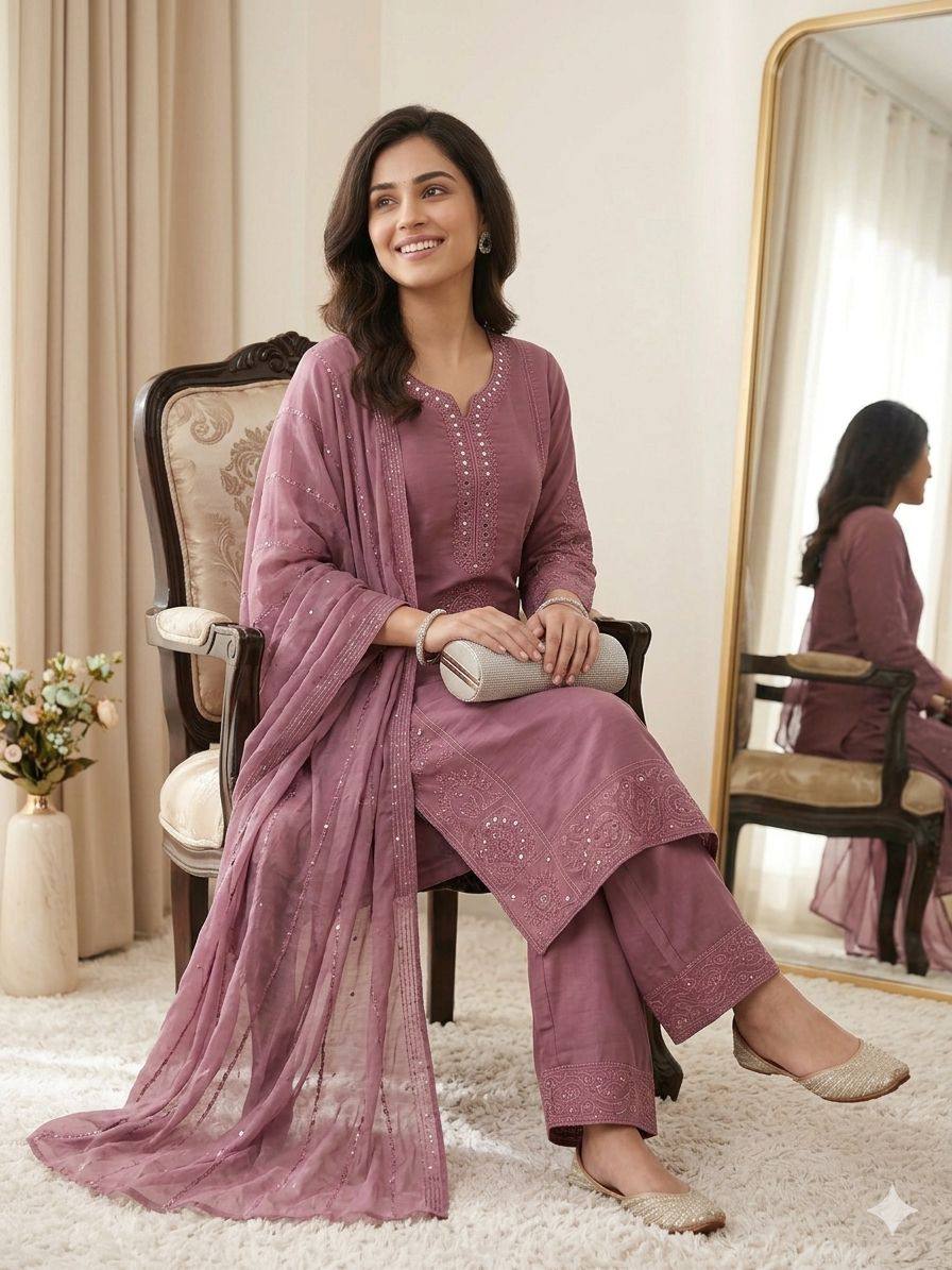 Mauve Mul Chanderi Mirror Work Kurta Palazzo Set, view 3