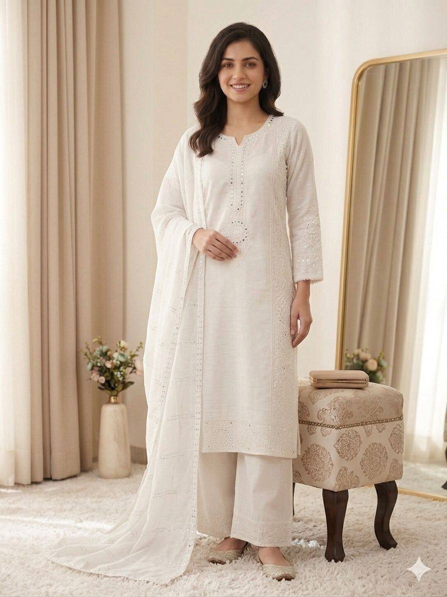 White Mul Chanderi Mirror Work Kurta Palazzo Set
