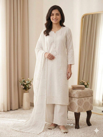 White Mul Chanderi Mirror Work Kurta Palazzo Set